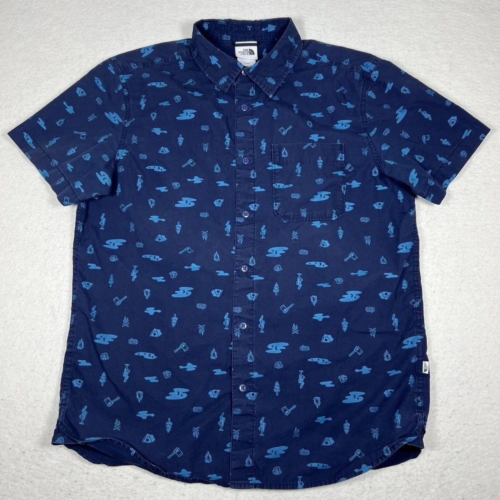 The North Face Shirt Mens Large Blue‎ Camping Graphic Short Sleeve Button Up